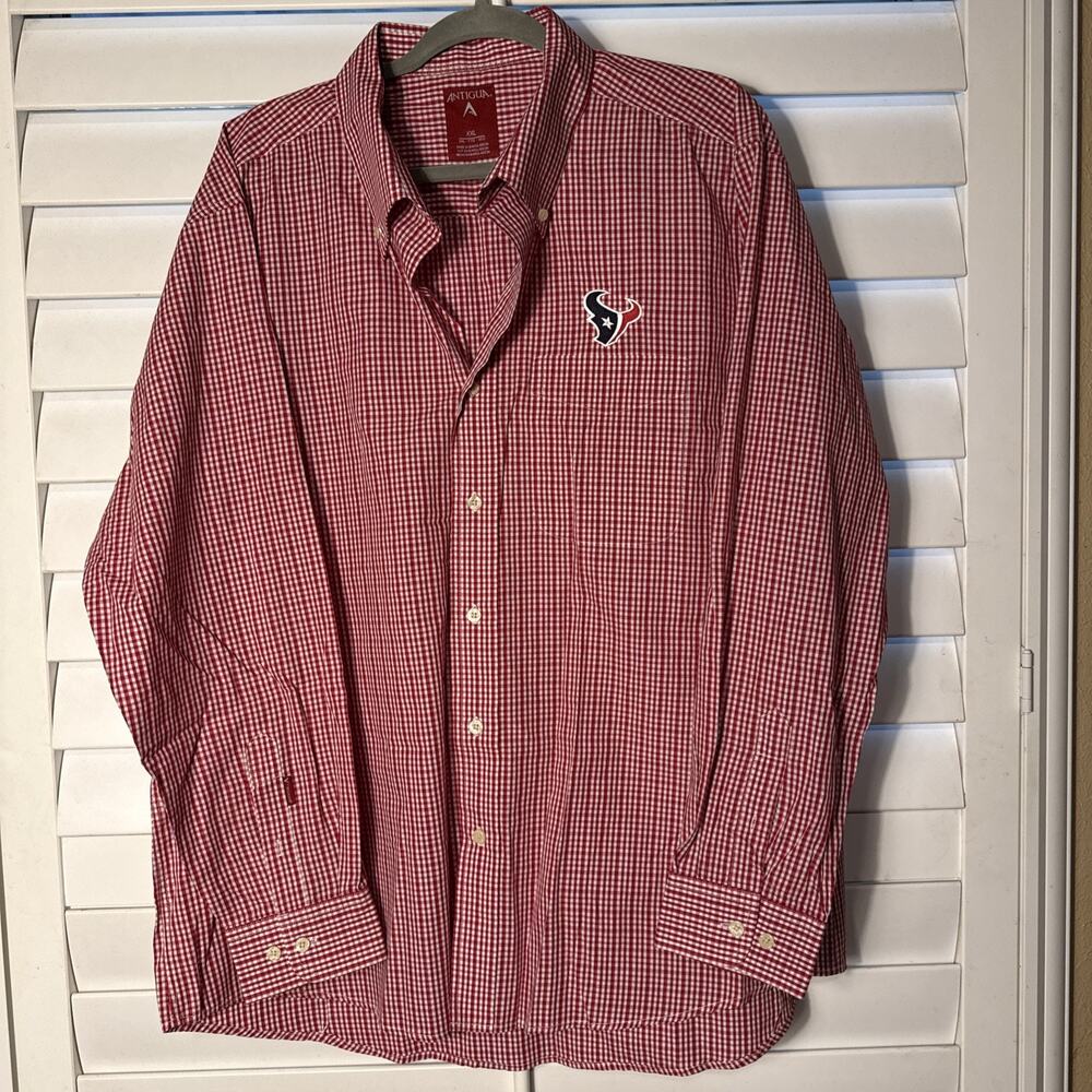 Antigua Mens Houston Texans Gingham Button Down Shirt Red White Size XXL